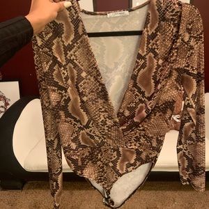 Snake skin deep plunge long sleeve bodysuit
